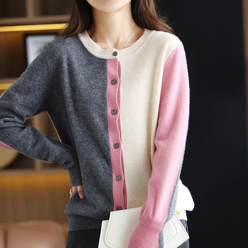 Women's Wool Patchwork Cardigan: Round Neck, Long Sleeve, Color Block, Loose Fit Sweater for Spring and Autumn.