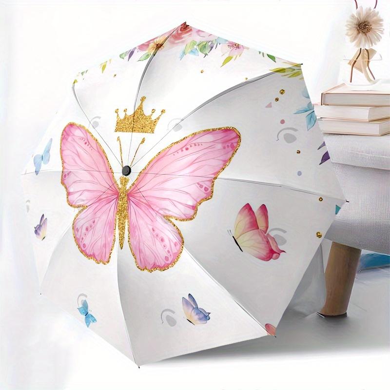 Butterfly Princess Automatic Folding Umbrella 8 Ribs, Durable Iron Frame, Bright Color Pattern Compact Travel Umbrella, Suitable for Outdoo