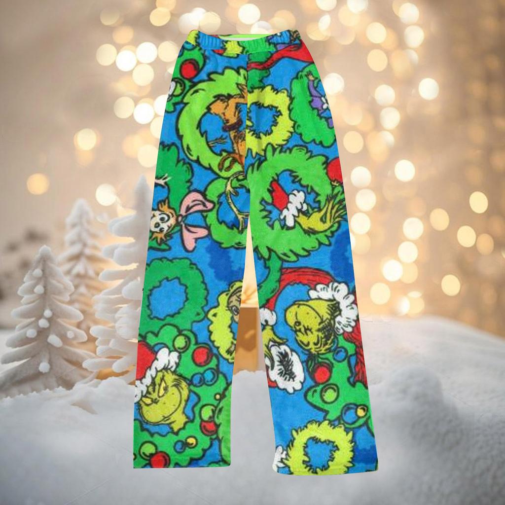 Женские осенне-зимние брюки, длинные брюки, фланелевые брюки с рождественским принтом