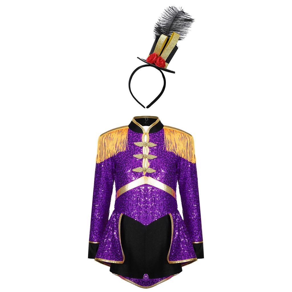 Костюм барабанщицы цирка для девочек, боди с пайетками с длинным рукавом, эполет с бахромой на плече, мини-цилиндр в качестве аксессуара