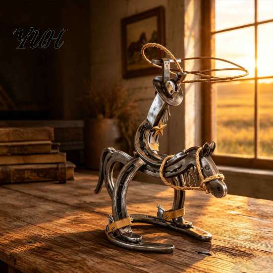 Retro Iron Horseshoe Decor Handcrafted Cowboy Pony Ornament, Rustic Western Rodeo Horse Sculpture, Metal Handmade Tabletop Decorations Desk