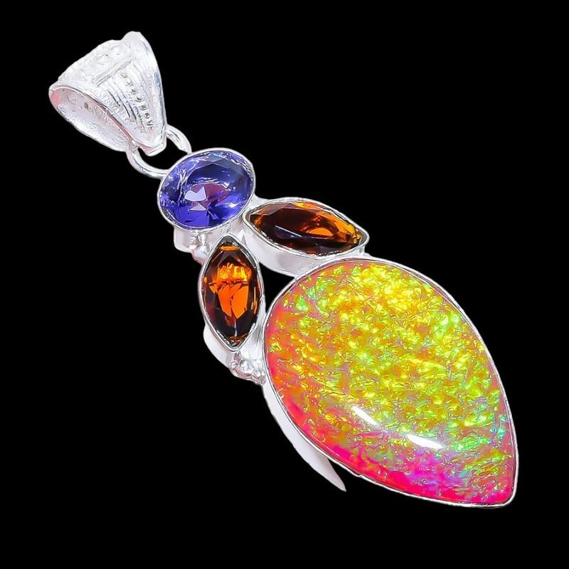 Triplet Fire Opal, Smokey Gemstone 925 Sterling Silver Jewelry Pendant 2.5" AH-3275