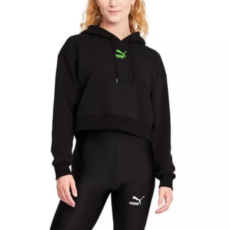 Puma Логотип Повседневный капюшон свободный трикотажный свитер женский топы черный 532247-01