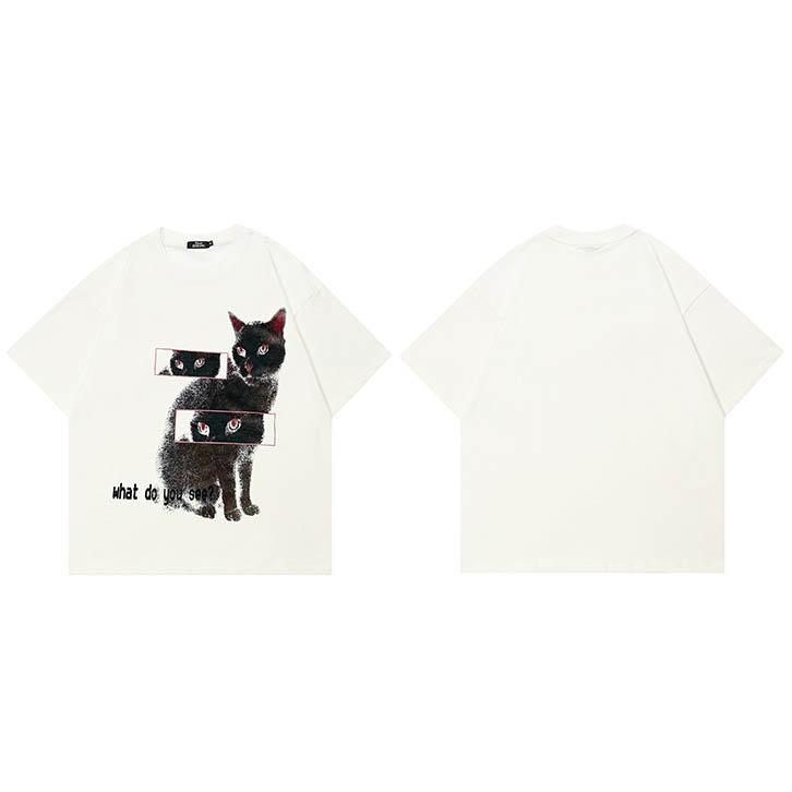 Hip Hop Faded Black TShirt Streetwear Animal Graphic T Shirt Cat Eyes Printed Men Tshirt Cotton Tops Tees Hipster