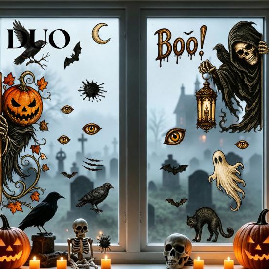 Versatile Holiday Glass Decorations 6Pcs Halloween Window Stickers, Ghost Pumpkin Grim Reaper Wall Decals, Large Decorative Scene Murals