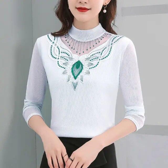 Осень-зима, новые кружевные футболки, сетчатая рубашка с высоким воротником и низом для женщин, пуловеры с длинными рукавами, топ M-5XL