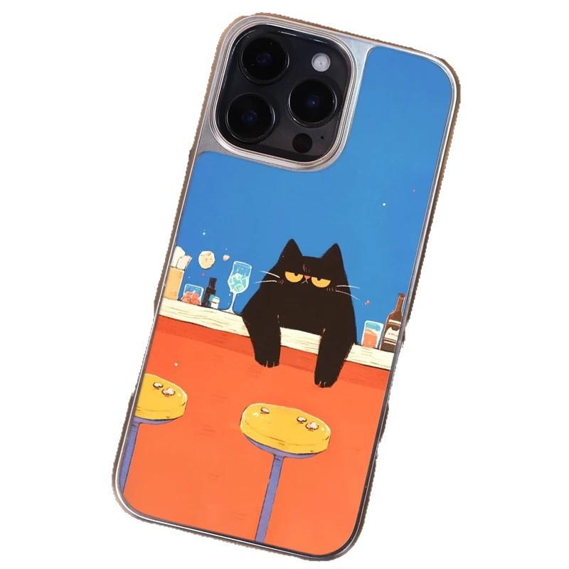 Скучный черный кот в баре подходит для чехла на мобильный телефон iPhone16/17pro 14 гальванический 13 матовый PC15 креативный 12 наборов