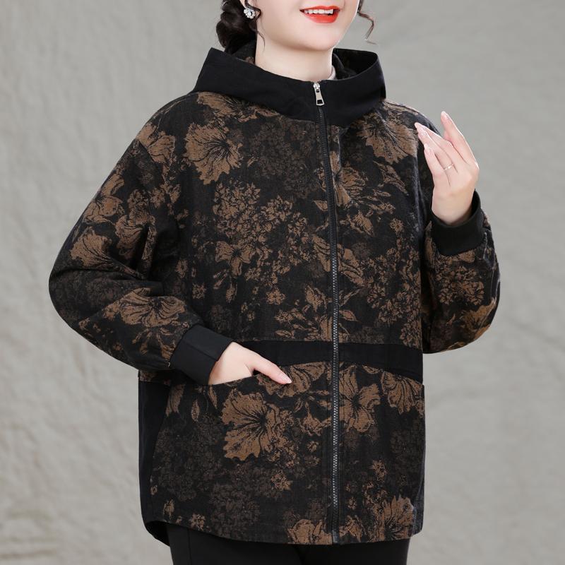Женский oversized плащ с капюшоном и цветочным принтом, на молнии, с длинным рукавом, осенняя верхняя одежда для пожилых женщин, больших размеров