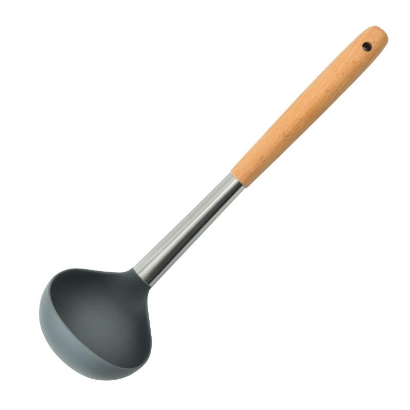 Silicone Kitchen Utensil Set: 3-Piece Wooden Handle - Spatula, Frying Spatula, Ladle, and Skimmer