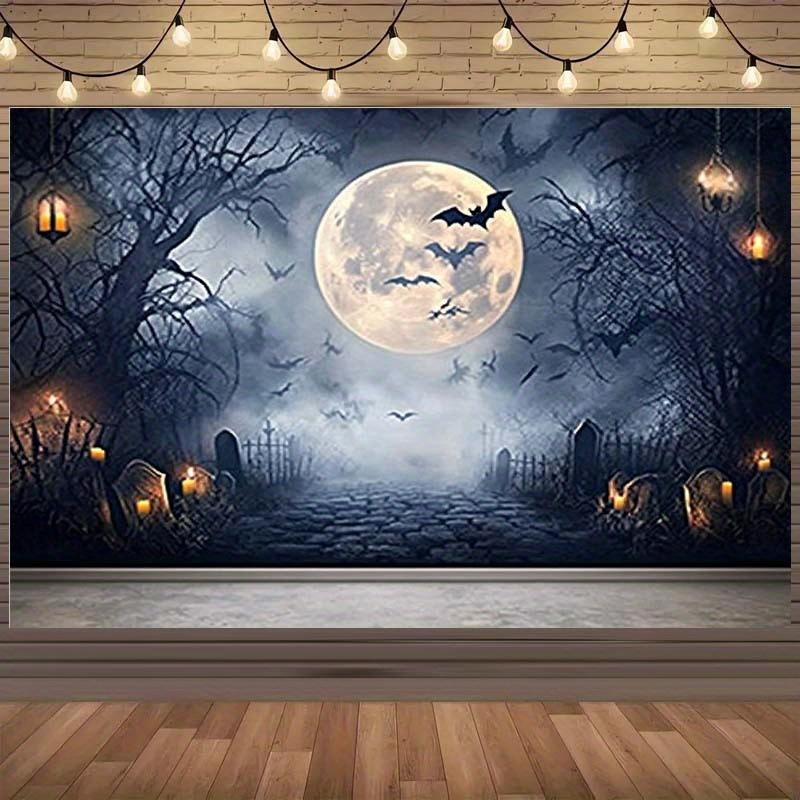 1 piece of Halloween background cloth - Full Moon Tomb Scene with Bat Mist Atmosphere and Tombstone Halloween Decoration