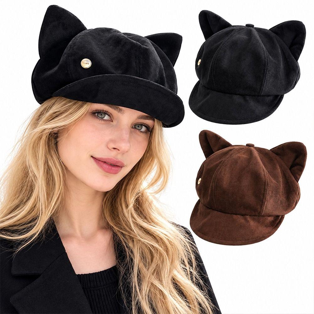 Solid Color Cat Ears Hat Soft Fabric Octagonal Hat Vintage Peaked Cap Autumn Winter