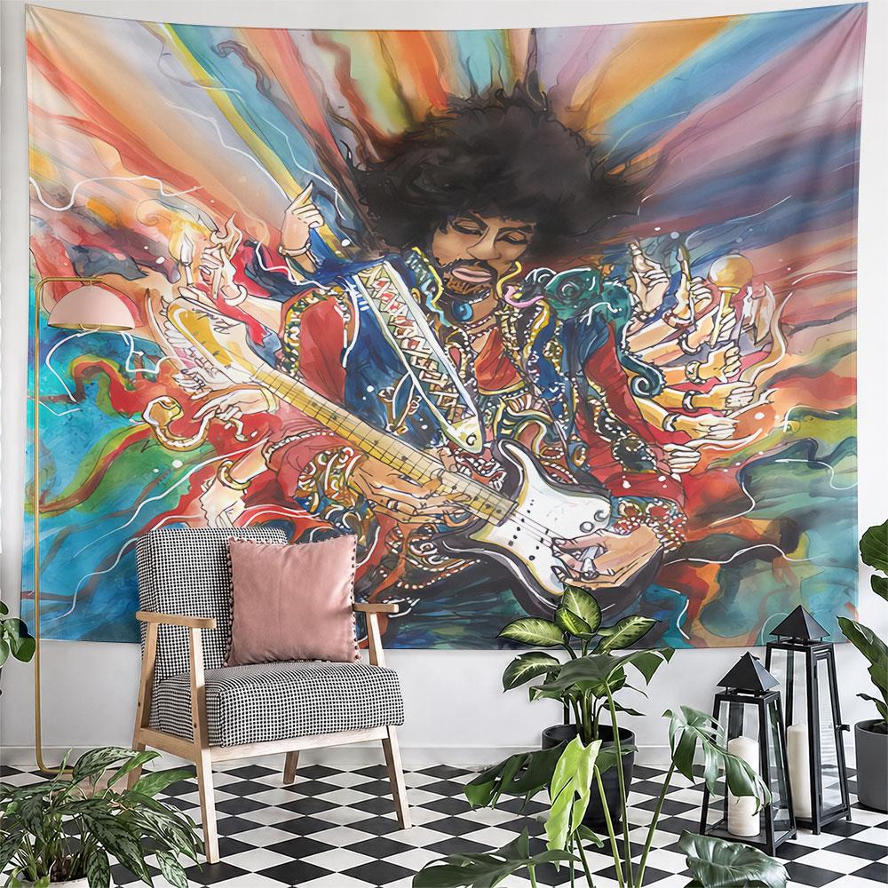 Psychedelic Multi Arm Guitar Rocker Tapestry Wall Hanging Colorful Hindu Art Decor for Bedroom Living Room