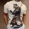 New Retro Men 2024 Fashion Oversized Men's Clothing Quick Drying T-shirt Top T-shirt 3d Samurai Cat Print Short Sleeve T-shirt