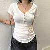 Корейская мода Полосатый V-образный вырез на пуговицах Приталенные футболки Женский летний топ с коротким рукавом Футболки Эстетика Y2K Новинка