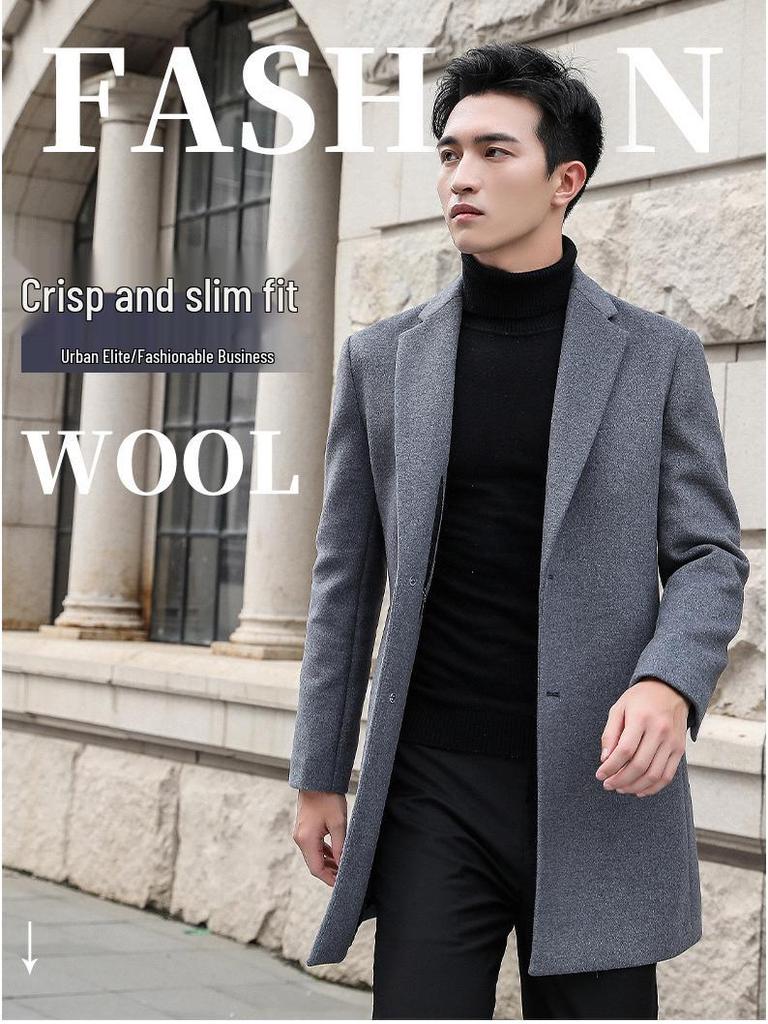 Men's Mid-Length Wool Slim Fit Trench Coat