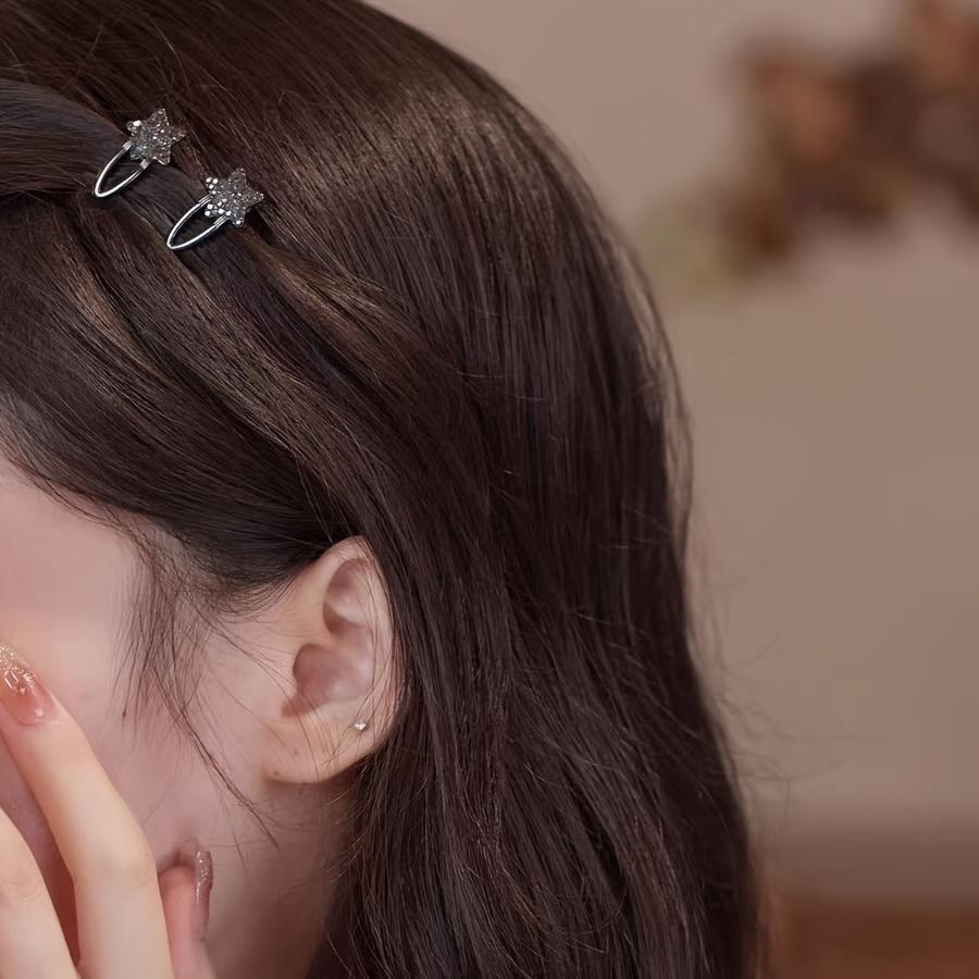 2-Pack Mini Forehead Hair Clips with Rhinestone Stars, Side Duckbill Clips, High-End Small Bangs Clips with Hairpins