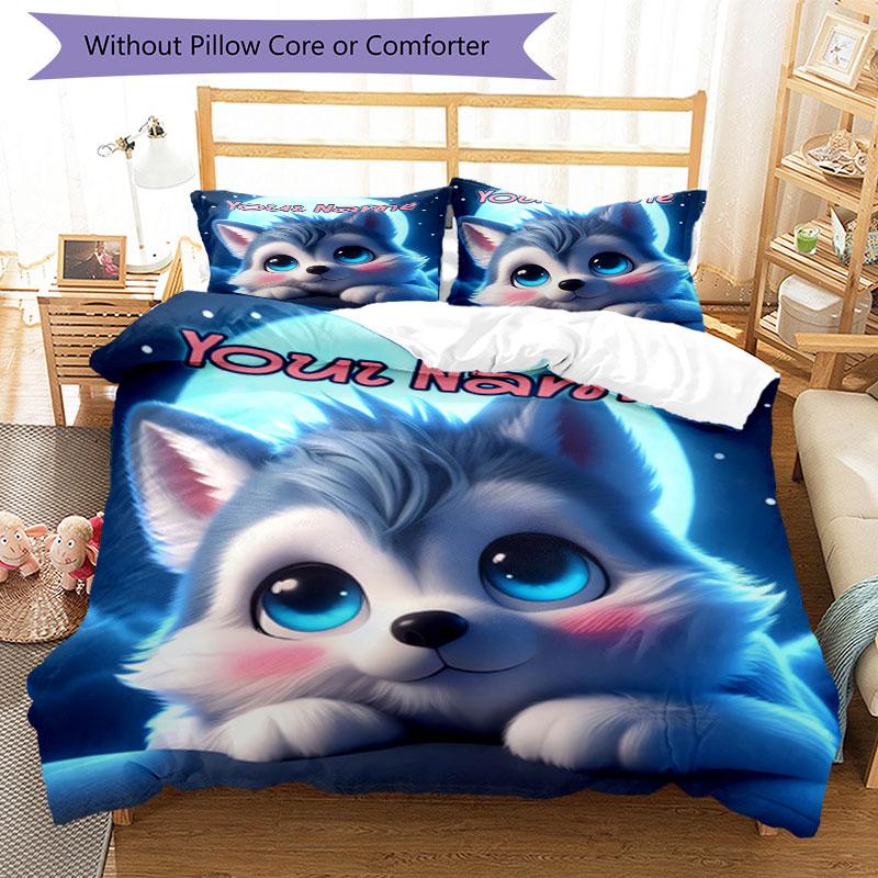 3PC Custom Name Husky Moonlit Night" Bedding Set Duvet Cover Closure Includes 1 Duvet Cover & 2 Pillowcases for Bedroom