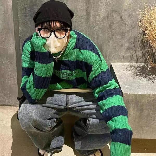 Винтажный полосатый вязаный свитер женский Harajuku Ретро джемпер с вышивкой букв модные свободные повседневные открытые топы Y2K