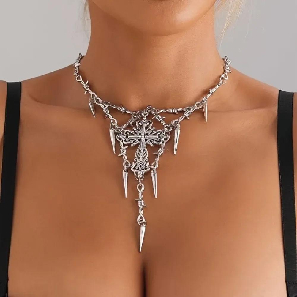 Choker Punk Spike Necklace with Cross Pendant Vintage for Men & Women Gothic Zircon