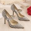 2025 Wedding Shoes Women'S Pearl Crystal High Heels Women'S Stiletto Pointy Net Red Champagne Dress Single Shoes