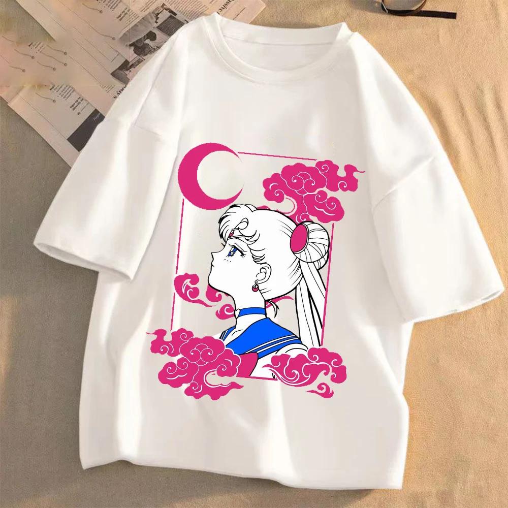 Женская аниме-футболка Sailor Moon, летняя, повседневная, с мультяшным принтом, милая, с круглым вырезом, одежда с коротким рукавом, модные топы, подарок