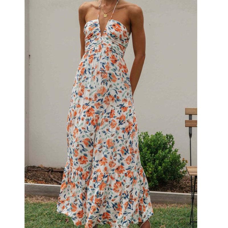 Летнее шифоновое платье без рукавов с V-образным вырезом, длинное, для праздника, сексуальное, с цветочным принтом, с высокой талией, свободное пляжное платье для женщин, Vestidos 25318