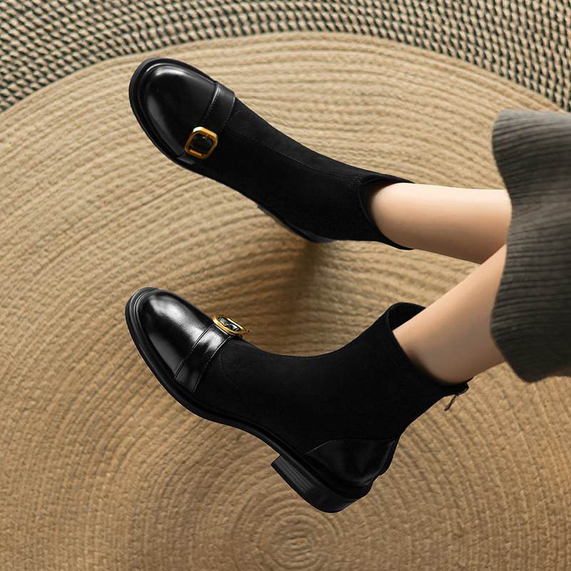 Krazing Po Микрофибра Флок Зима Круглый Носок Размер 33 Ботильоны Челси Размер 43 Молния Металлическая Пряжка Низкий Каблук Ботильоны