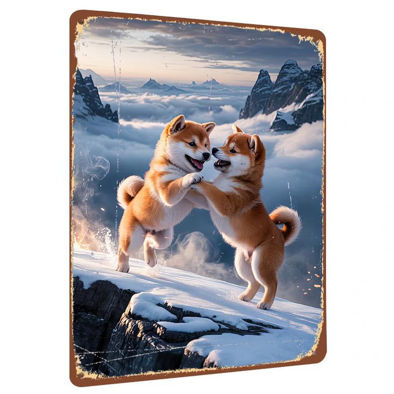 Cute Shiba Inu Playing On Snow Custom Metal Wall Art Home Decor Living Room Bedroom Gift