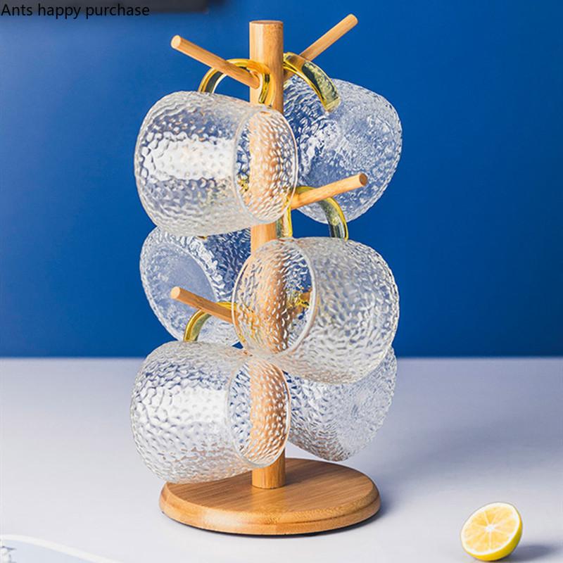 Деревянный подстаканник Прозрачный стеклянный стакан с ручкой Шестисекционный костюм Подстаканник для слива Кружка Перевернутая стойка для хранения Держатели для стаканов