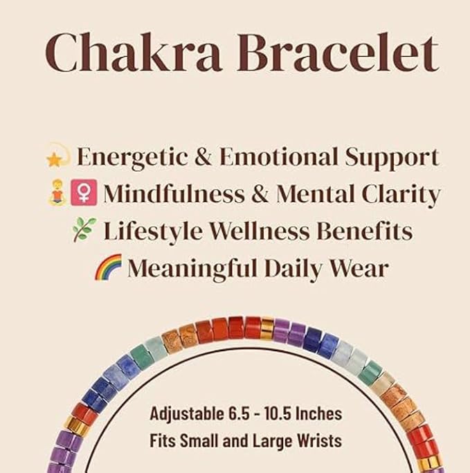 Healing Crystal Bracelet for Women, 7 Chakra Natural Gemstone Beads, Adjustable 16-26 cm Anxiety Relief Yoga Meditation Spiritual Jewelry Gift