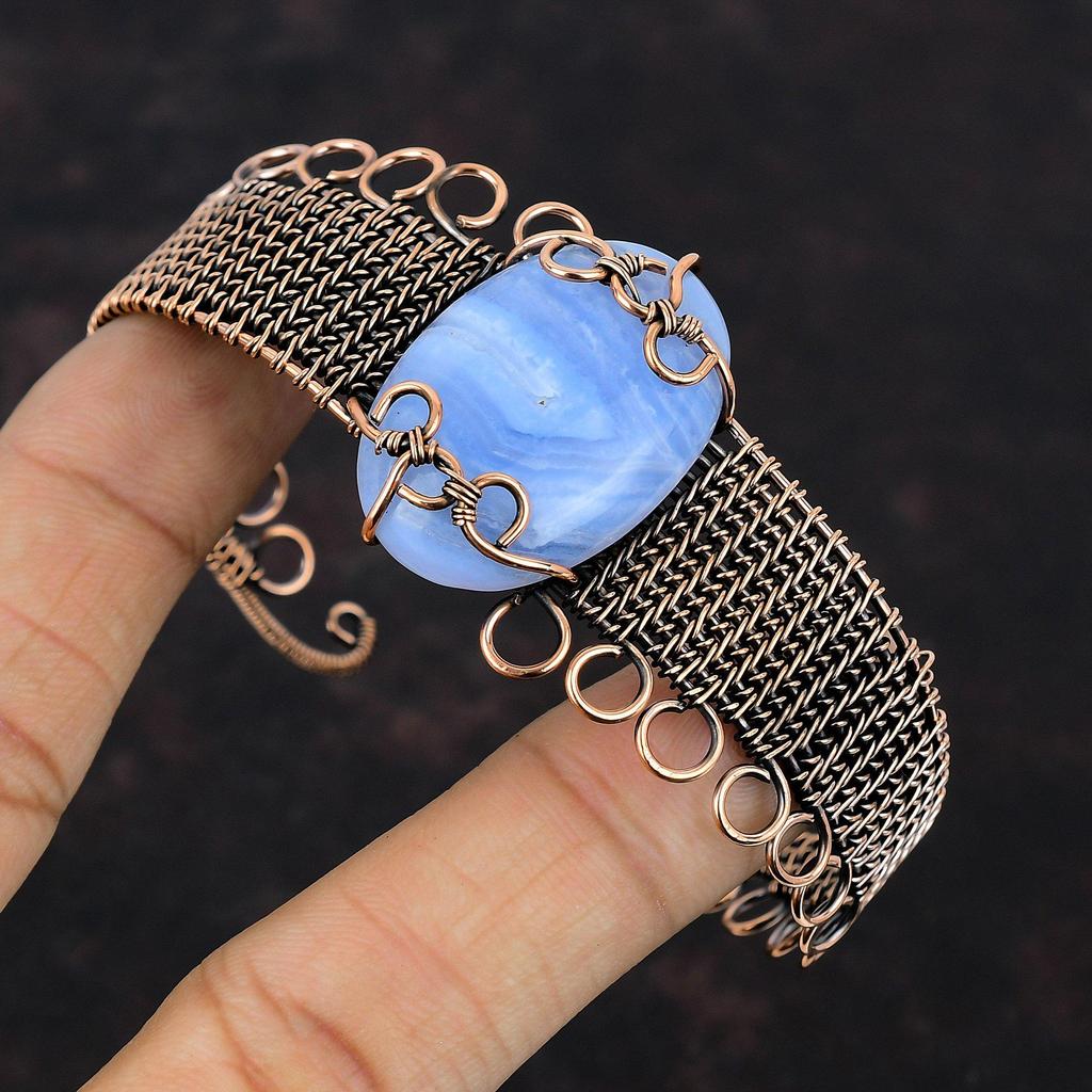Синий кружевной агатовый браслет-манжета, браслет из медной проволоки, браслет из проволоки ручной работы, регулируемый браслет-манжета, подарок для него, драгоценный камень, медные украшения