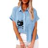 Большие размеры Женская модная блузка с принтом кота Лето и осень Свободная рубашка с коротким рукавом на пуговицах Женская повседневная льняная футболка
