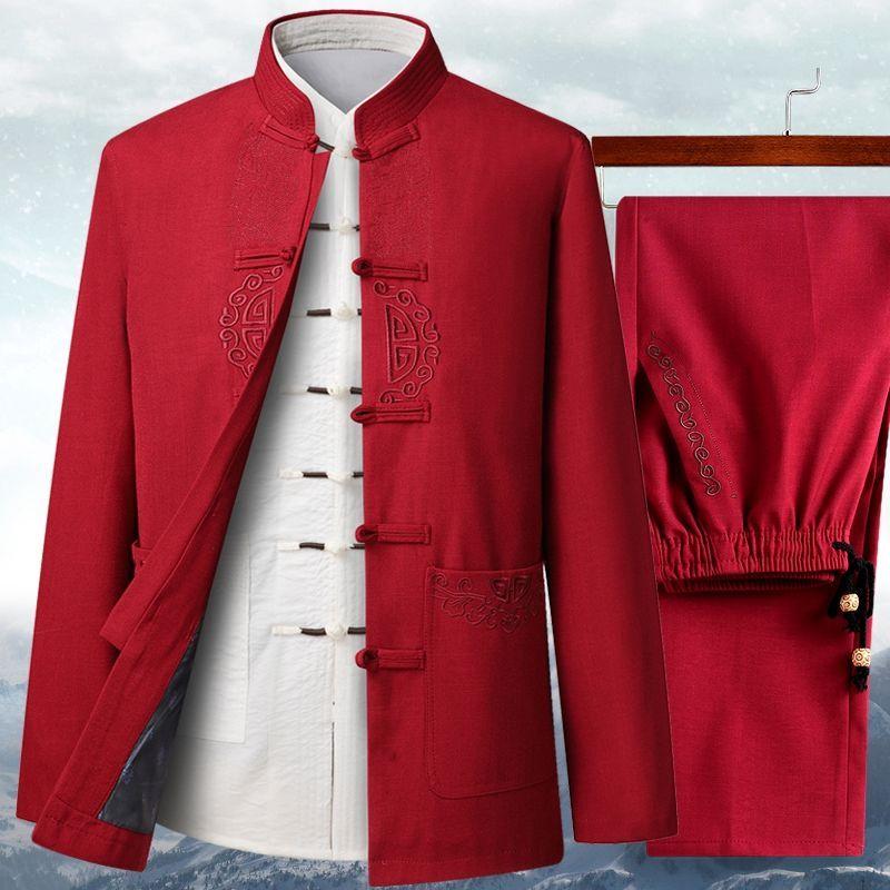 Китайский традиционный мужской костюм Тан, верх, брюки, ханьфу, восточная вышивка, комплекты одежды, повседневная форма для кунг-фу тайцзи