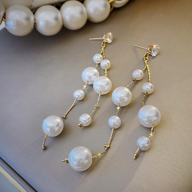 S925 Silver Needle Long Imitation Pearl Tassel Earrings Temperament Net Red High-end Temperament Earrings Jewelry Oorbellen