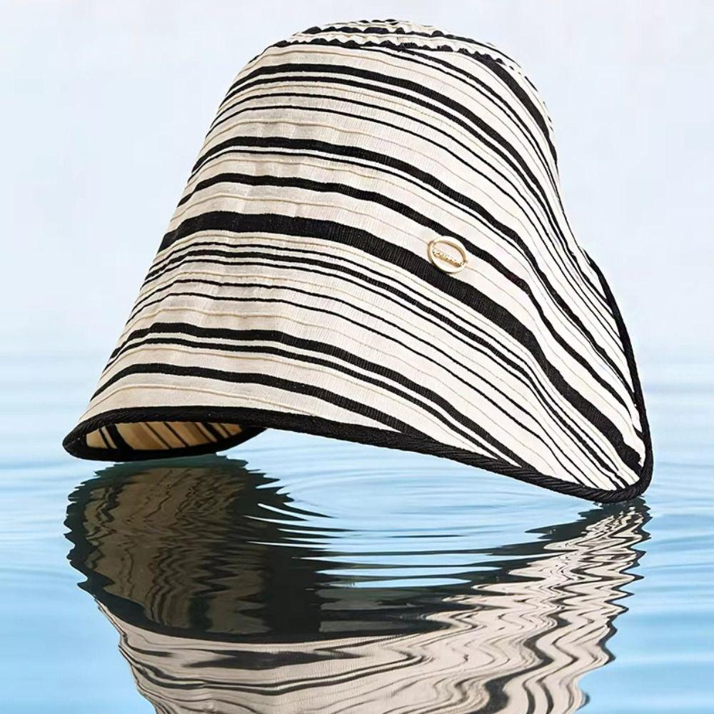 Wide Brim Women Striped Fisherman Hat Solid Color Bucket Hat Casual Sunscreen Visor Cap Camping