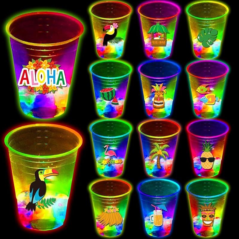 mishunyus 24 Pcs Glow Hawaiian Luau Party Cups, Flashing Tiki Party Cups, Tropical Luau Party Decorations Hawaiian Party Supplies Favor (16oz)