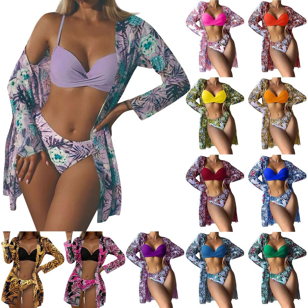Женский бикини с цветочным принтом, сексуальный быстросохнущий купальник, комплект из 3 предметов