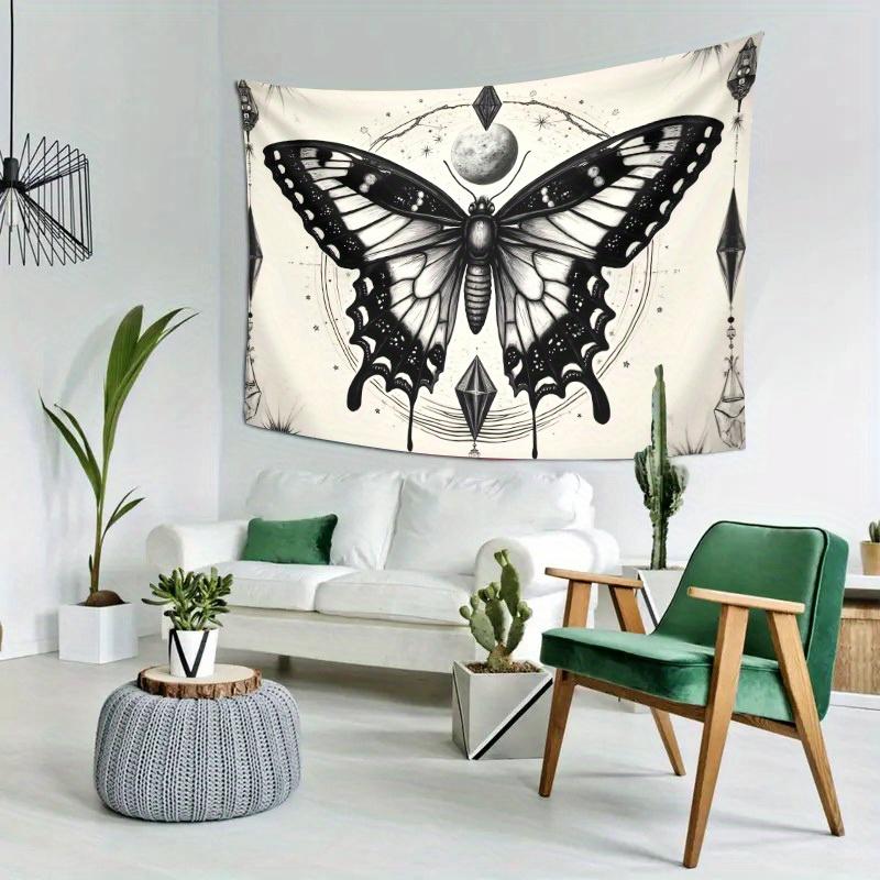 Butterfly Moon Tapestry Celestial Design Boho Witch Art Black White Polyester 5161 in for Bedroom or Dorm