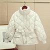 Korean Chic Winter French Style Stand Collar Wave Embossed Lace Up Waist Long Sleeve Cotton Puffer Coat Women