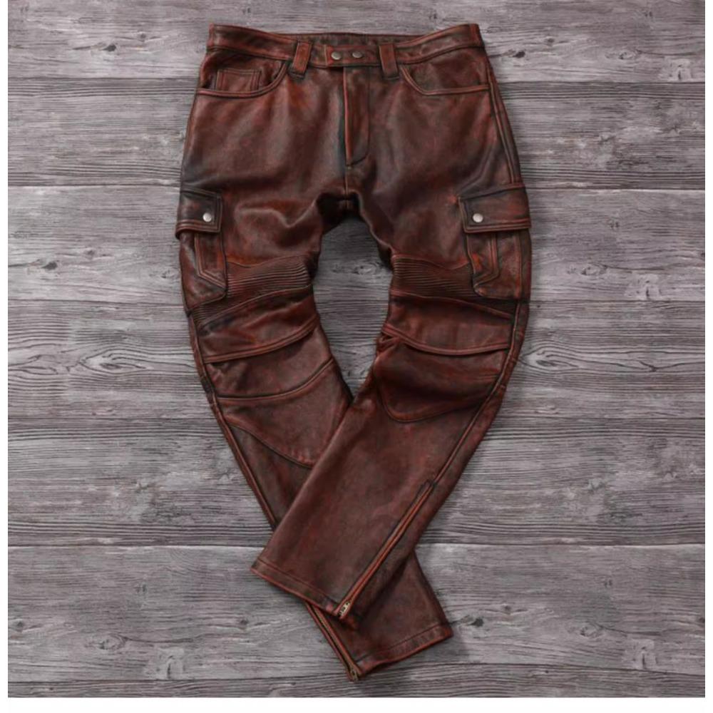 Chinese Size Vintage Gray Genuine Cowhide Leather Pants Men Motorcycle Biker Leather Trousers Autumn Winter Men Leather Pants