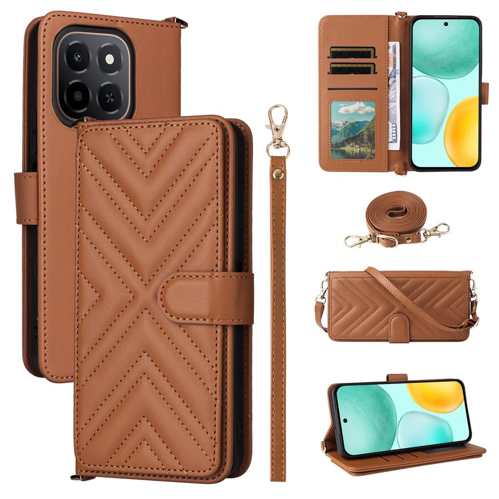 For Honor X6c 4G Case with Shoulder/Wrist Strap Leather Phone Cover Stand Wallet