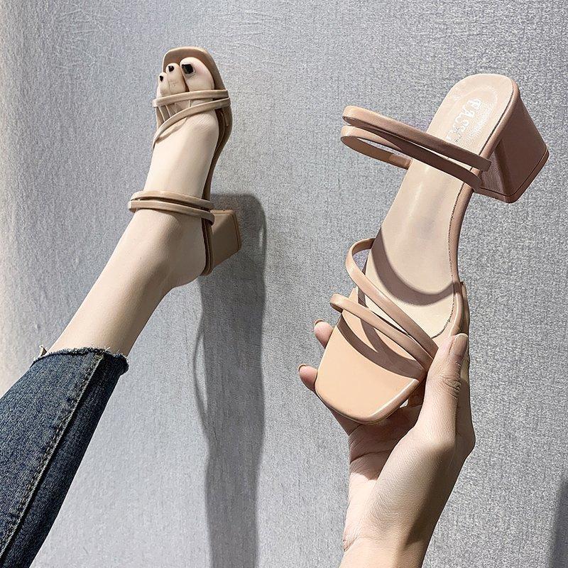 Модные женские сандалии Женские туфли на квадратном каблуке Элегантные летние шлепанцы Наружные кожаные шлепанцы с перекрестной шнуровкой Женские слайды 2024 Модные женские сандалии
