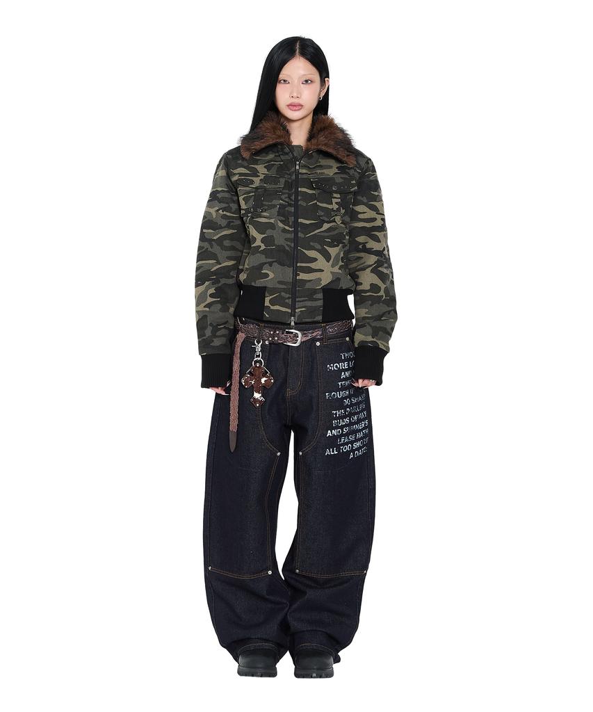 Aakam Studded High Neck Fur Jacket (Camo)