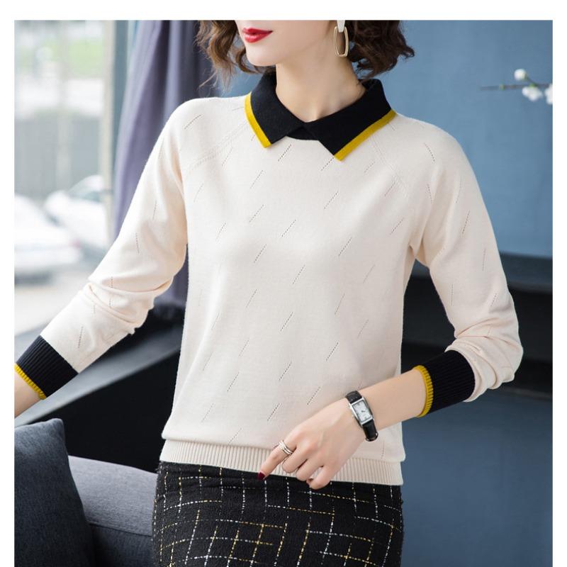 Женский трикотажный свитер с воротником поло и длинными рукавами, свободный повседневный свитер, однотонный короткий свитер для поездок на работу на осень и зиму