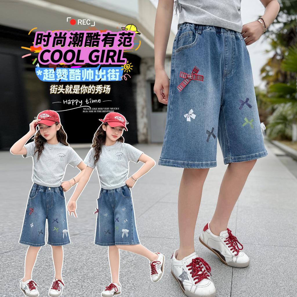Girls' shorts summer thin children's denim shorts 2026 new stylish big children's pants look good five quarter pants