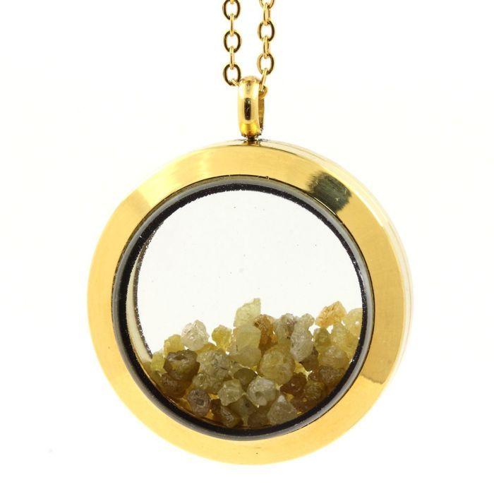 Stones and Minerals. Raw Green Yellow Diamond Necklace. 25 Mm Medallion Model. Gold Color.