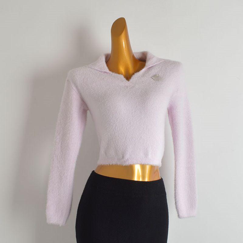 Style New Arrival Anti-Mink Velvet Lapel Pullover Knitwear Sweaters Women's Clothing Fall and Winter Fashion Short Soft Glutinous Long Sleeves Tops