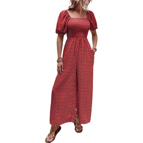 Женский комбинезон с квадратным вырезом и цветочным принтом, короткие рукава, широкие брюки, летний комбинезон