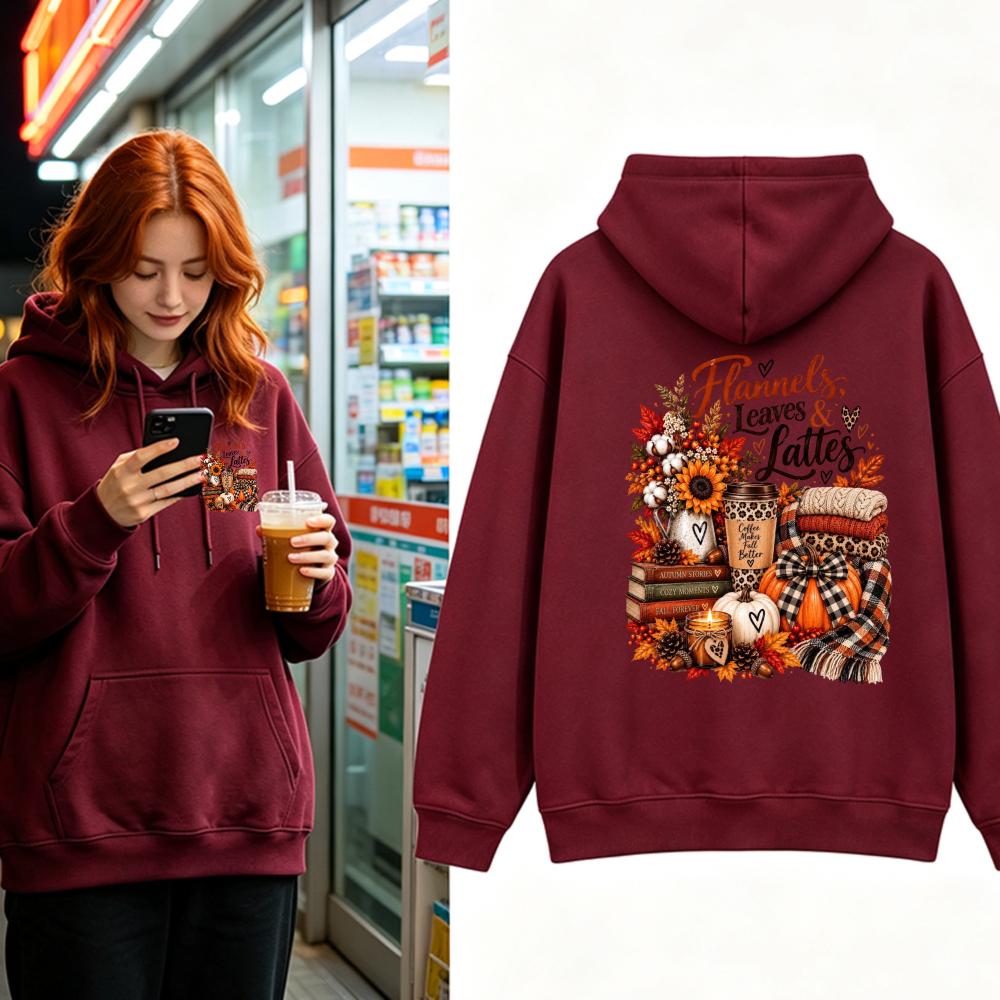 Flannels Leaves Lattes Hoodie Autumn Coffee Graphic Sweatshirt Fall Pumpkin Sunflower Candle Book Unisex Pullover Top