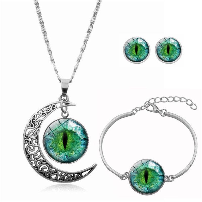 Cat Eye Dinosaur Eye Time Gemstone Necklace Bracelet Earrings Three Piece Set Fashion Jewelry Kit